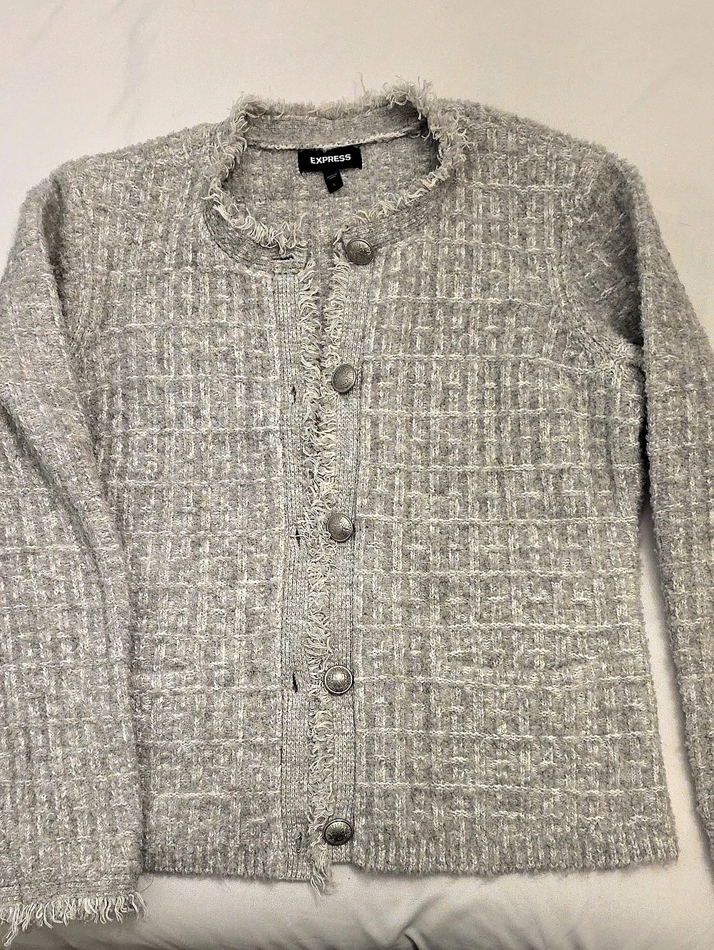 NWOT Express Boucle Embellished Button Fringe Sweater Jacket Gray Large